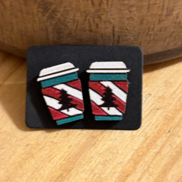 Homemade earrings Christmas Holiday Coffee Lover Starbucks themed studs Jewelry - Picture 2 of 6